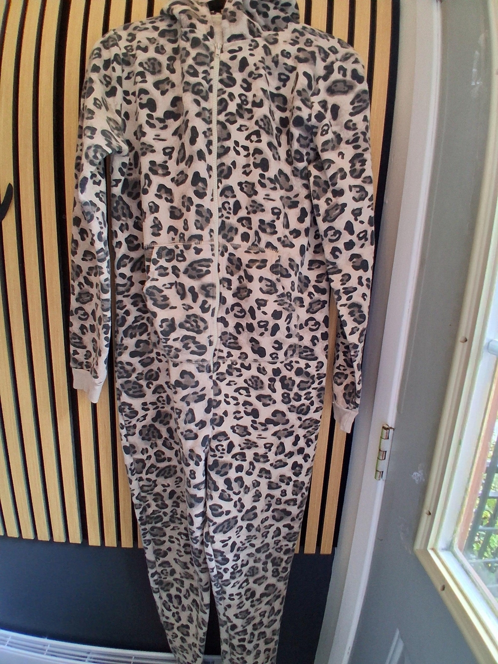 Women's Fleece Hooded Leopard-Print Onesie Pajamas in White and Gray